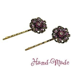 Handmade Pink Rhinestone Gold Set Hair Clips Jewelry NWT
